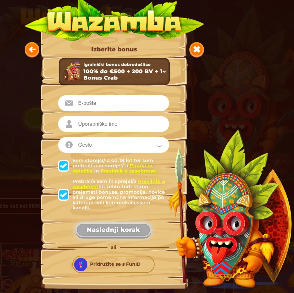 Wazamba Obrazec za Registracijo